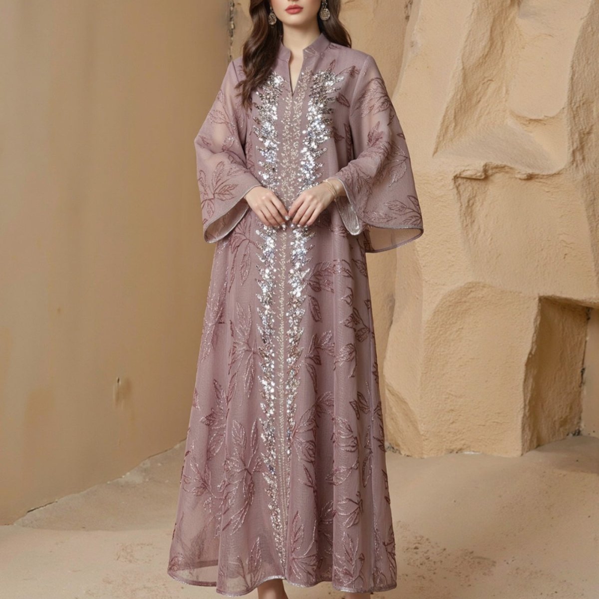 Sequin modest evening gown with intricate embellishment throughout