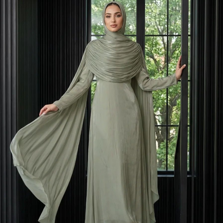 Side profile of cape sleeve abaya in motion
