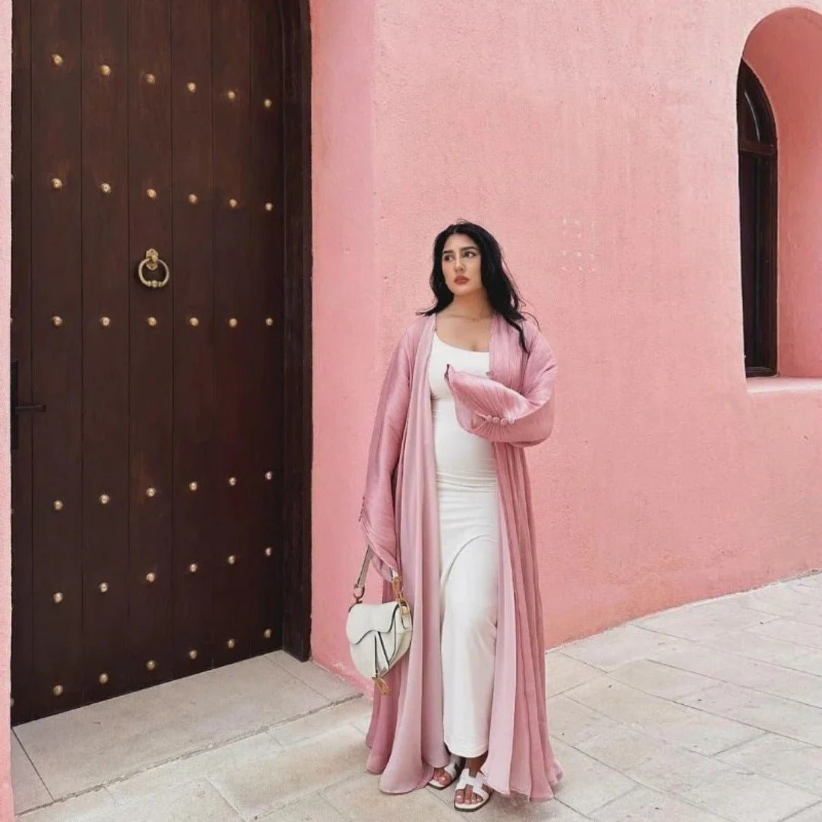 Shiny Satin Open Abaya | Shiny Abaya With Flying Sleeves (MOA141) - Mariam's Collection