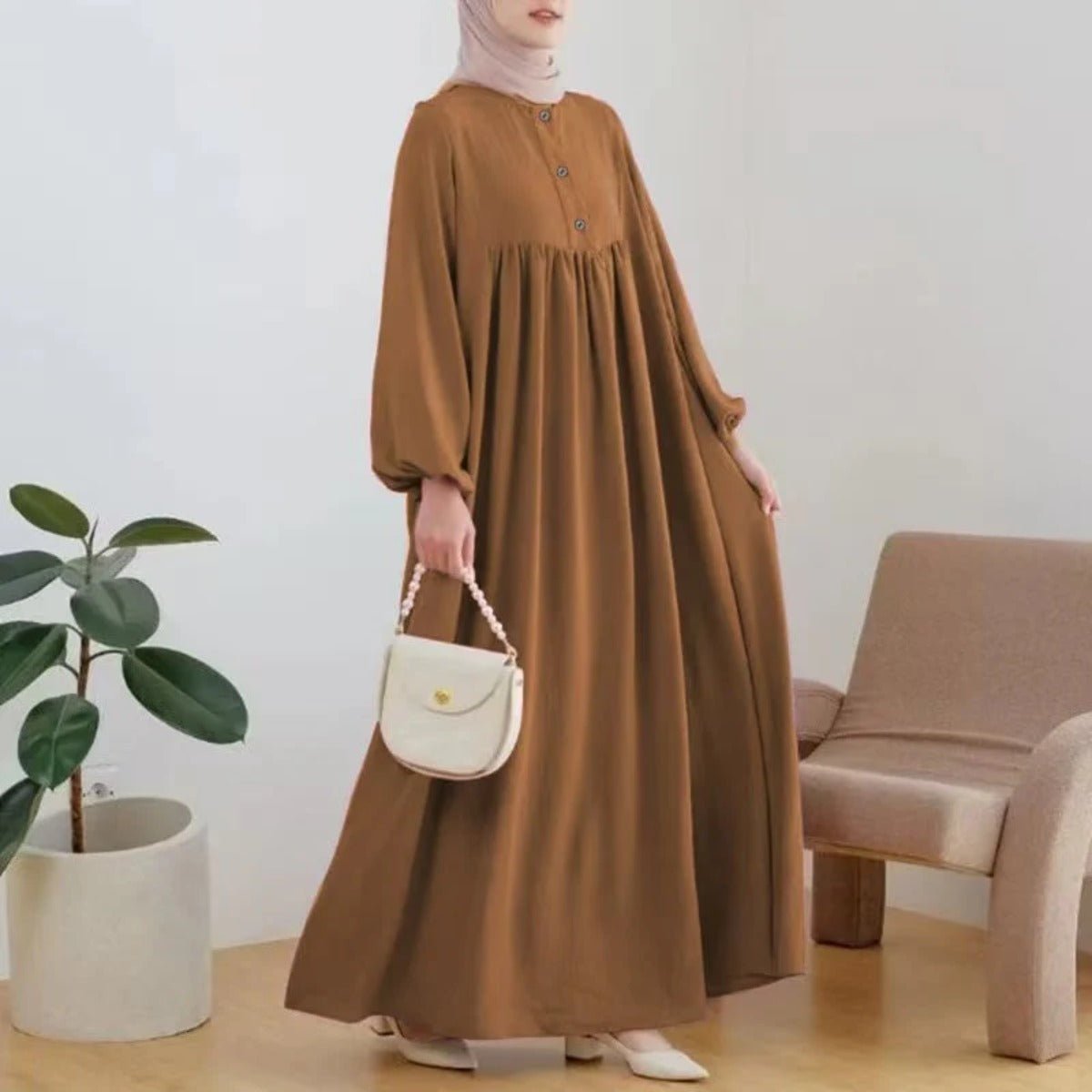Solid Color Bubble Sleeve with Button Casual & Elegant Long Maxi Dress Abaya .(MA157) - Mariam's Collection
