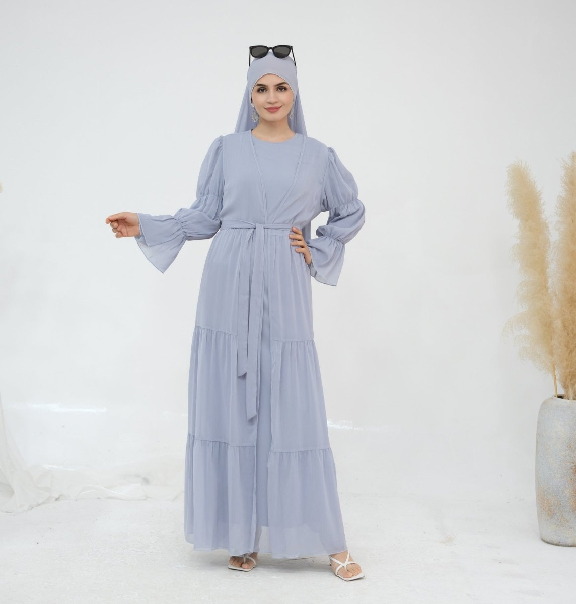 Solid Color Layered Chiffon Elegant Open Abaya 2 - Piece Set (MOA132) - Mariam's Collection