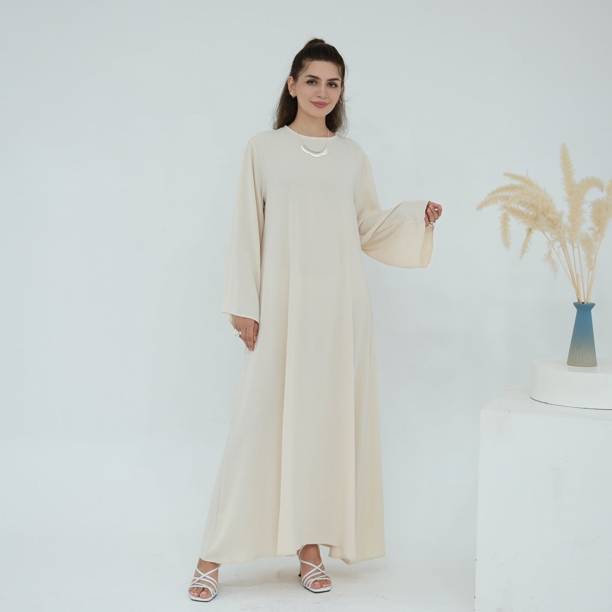 Solid Color Nida Abaya with Belt | A - Line Maxi Dress(MA359) - Mariam's Collection
