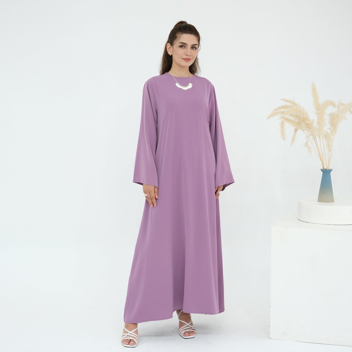 Solid Color Nida Abaya with Belt | A - Line Maxi Dress(MA359) - Mariam's Collection