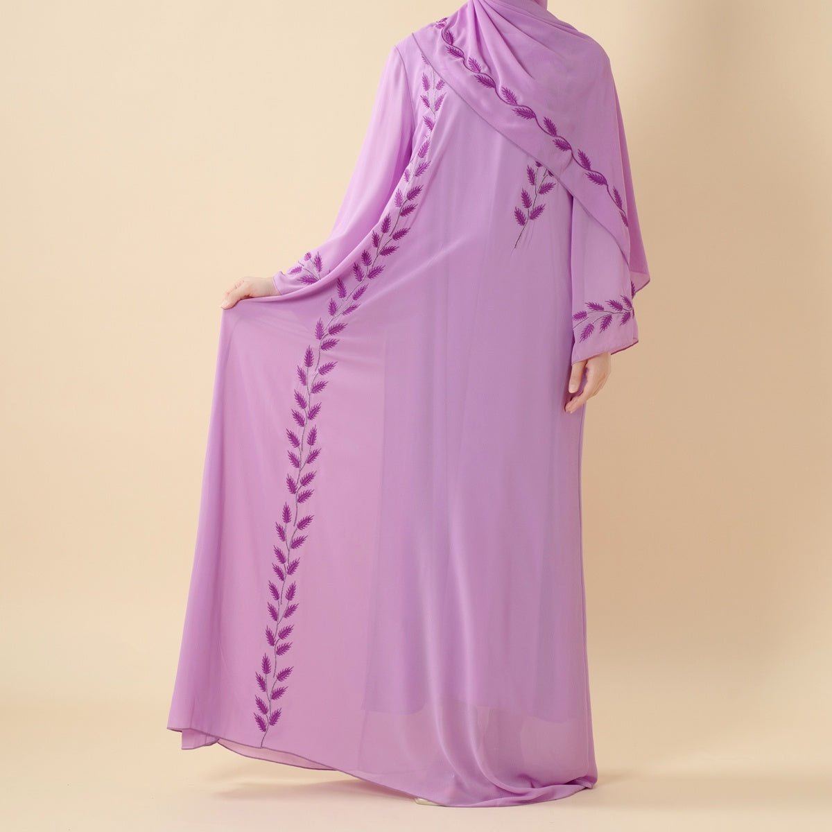 Summer Floral Embroidered Elegant Crew Neck Long Sleeve Chiffon Abaya Dress with Matching Headscarf. (MA230) - Mariam's Collection