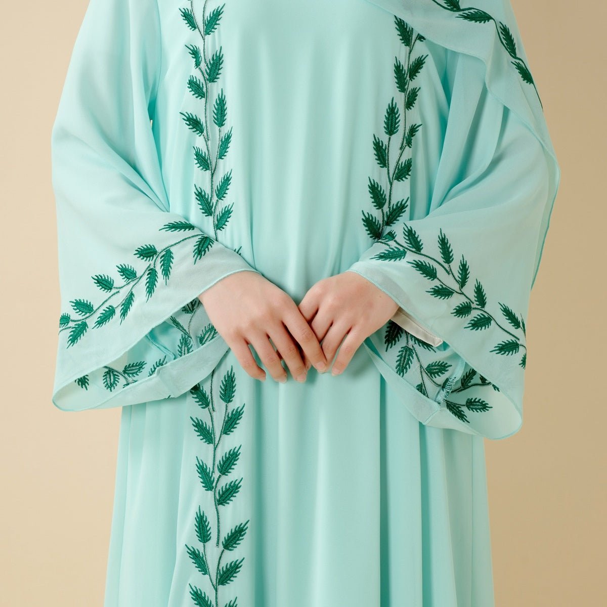 Summer Floral Embroidered Elegant Crew Neck Long Sleeve Chiffon Abaya Dress with Matching Headscarf. (MA230) - Mariam's Collection