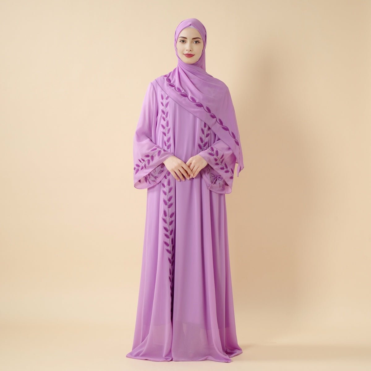 Summer Floral Embroidered Elegant Crew Neck Long Sleeve Chiffon Abaya Dress with Matching Headscarf. (MA230) - Mariam's Collection