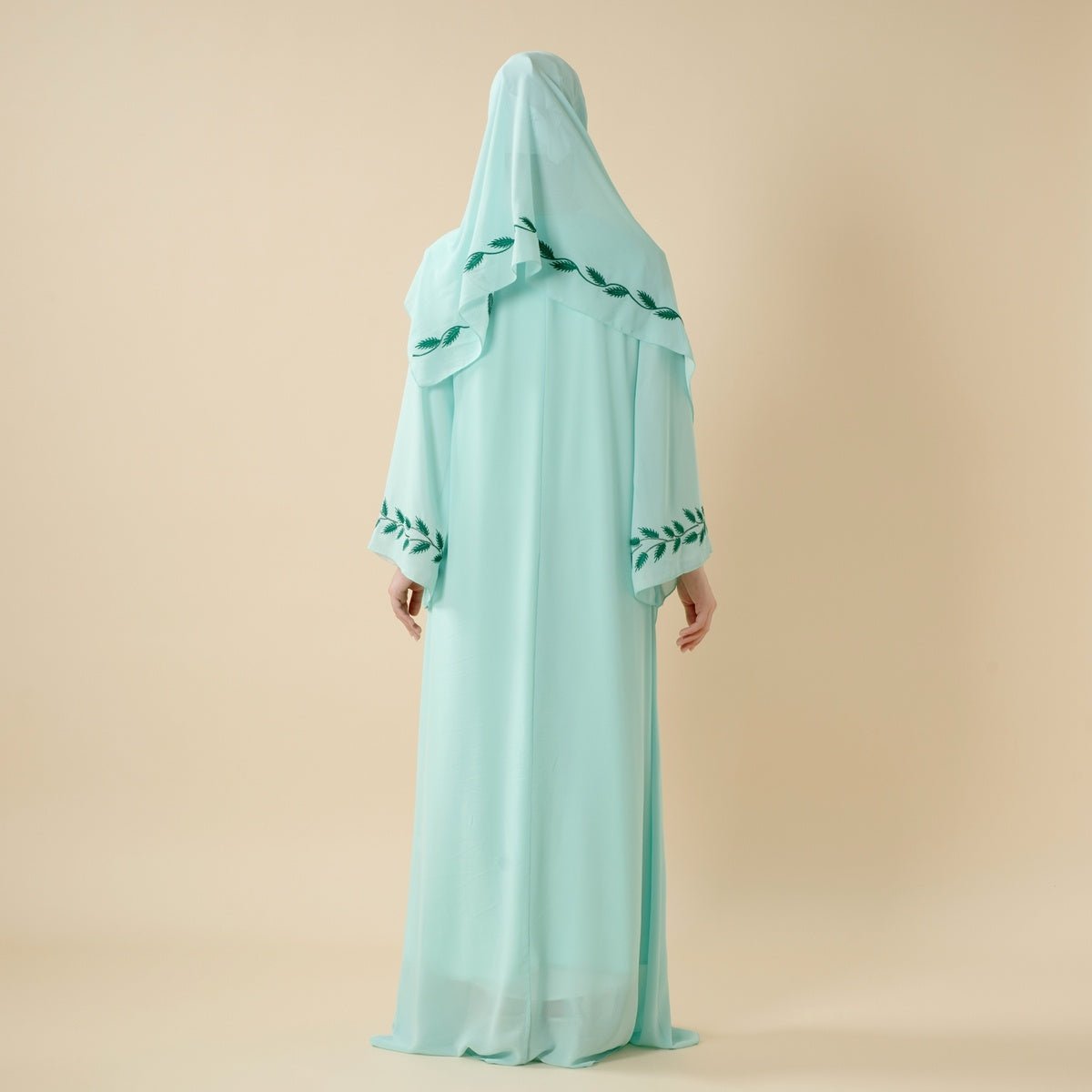 Summer Floral Embroidered Elegant Crew Neck Long Sleeve Chiffon Abaya Dress with Matching Headscarf. (MA230) - Mariam's Collection