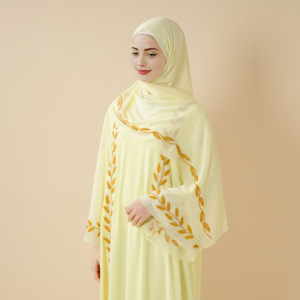 Summer Floral Embroidered Elegant Crew Neck Long Sleeve Chiffon Abaya Dress with Matching Headscarf. (MA230) - Mariam's Collection