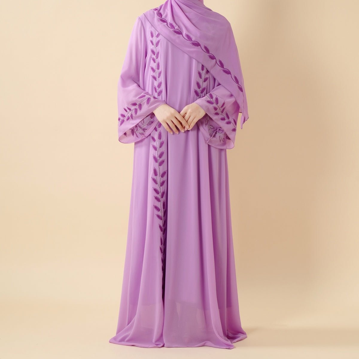 Summer Floral Embroidered Elegant Crew Neck Long Sleeve Chiffon Abaya Dress with Matching Headscarf. (MA230) - Mariam's Collection