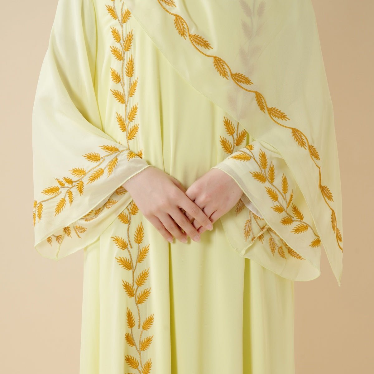 Summer Floral Embroidered Elegant Crew Neck Long Sleeve Chiffon Abaya Dress with Matching Headscarf. (MA230) - Mariam's Collection