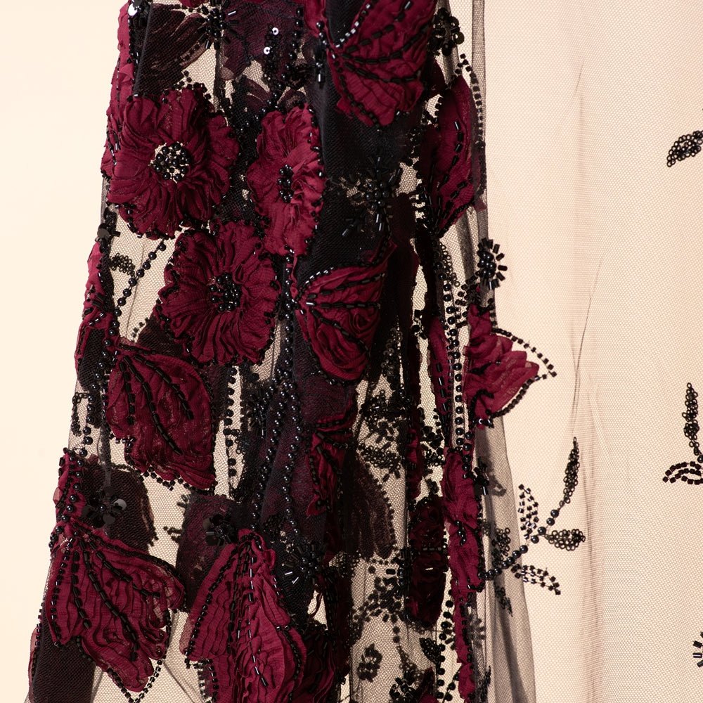 Artisanal 3D floral texture and cord detailing on couture occasion abaya
