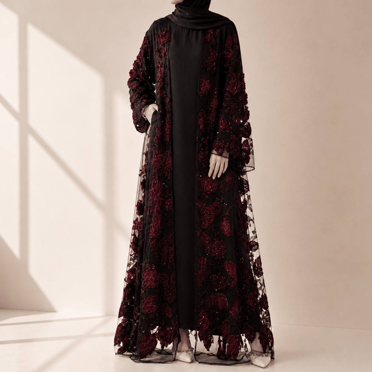 Luxury 3D Floral Embellished Open Abaya – Couture Bridal Abaya