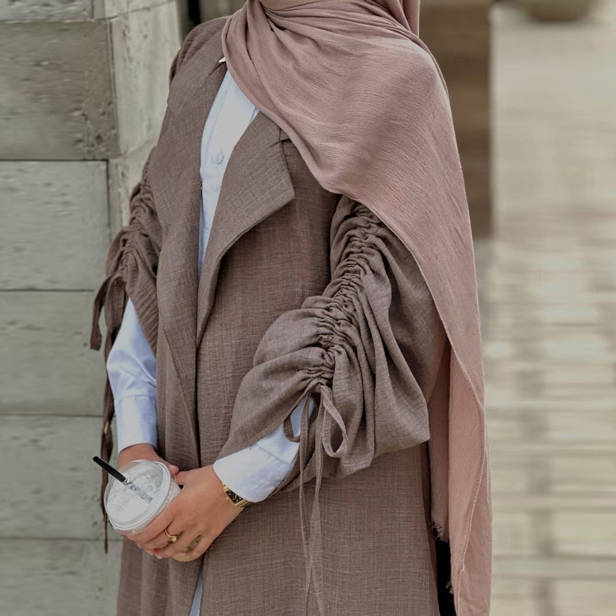 Tailored Blazer Cardigan with Ruched Sleeves | Open - Front Twill Blend Jacket(MOA246) - Mariam's Collection
