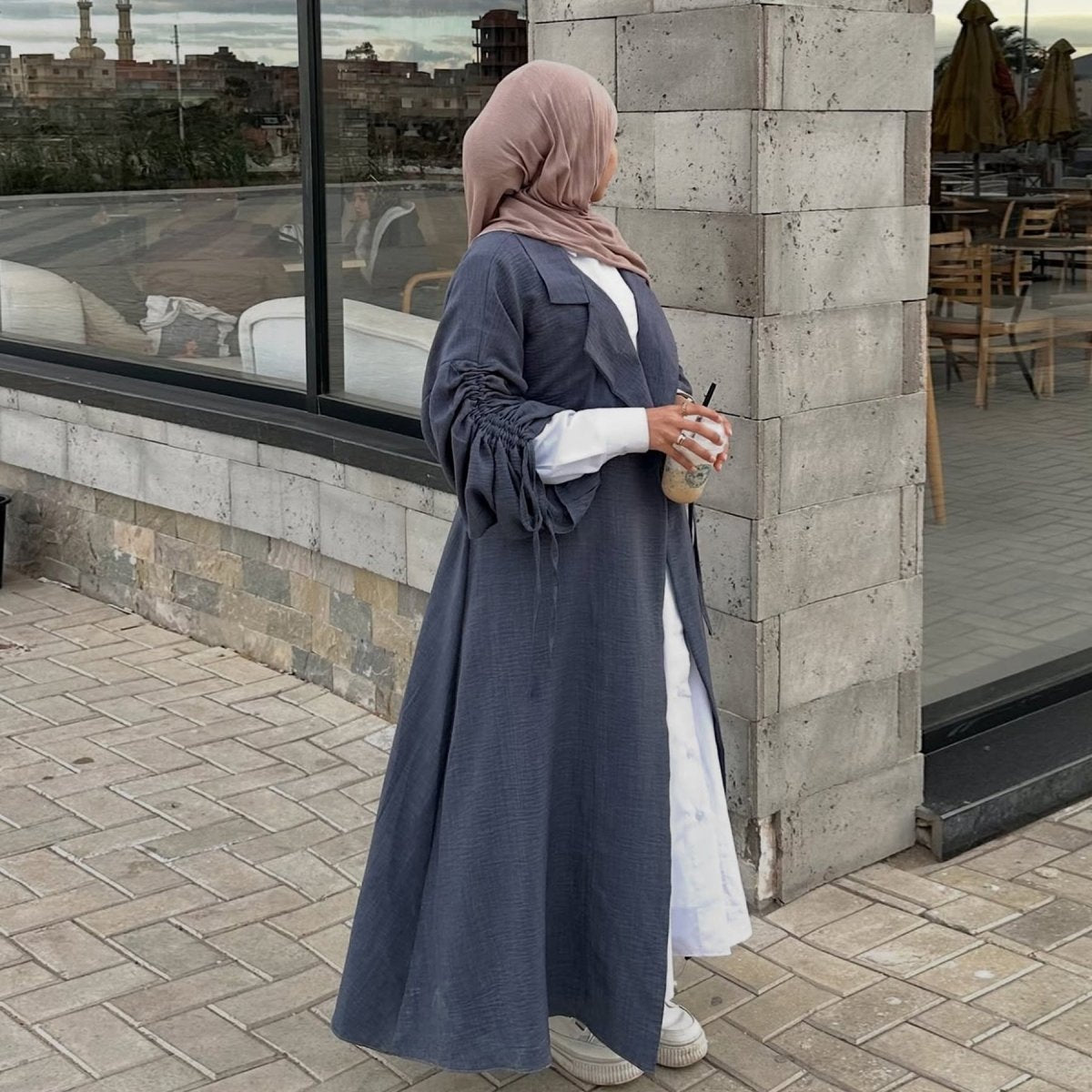 Tailored Blazer Cardigan with Ruched Sleeves | Open - Front Twill Blend Jacket(MOA246) - Mariam's Collection