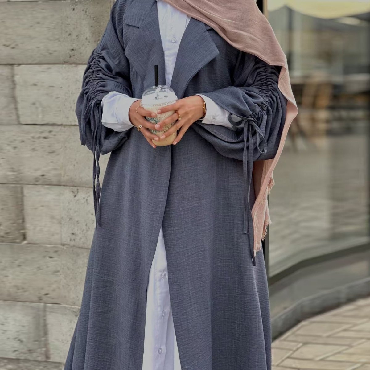 Tailored Blazer Cardigan with Ruched Sleeves | Open - Front Twill Blend Jacket(MOA246) - Mariam's Collection