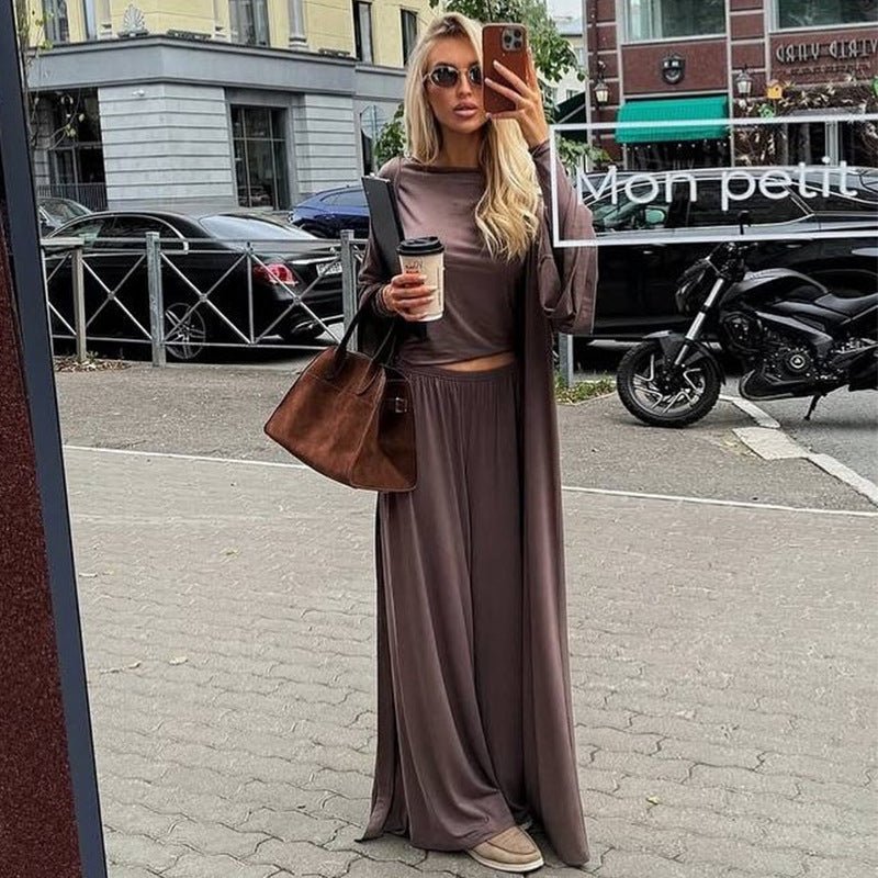 Three - Piece Cape Cardigan Set | Crop Top & Wide - Leg Pants Outfit(MS258) - Mariam's Collection