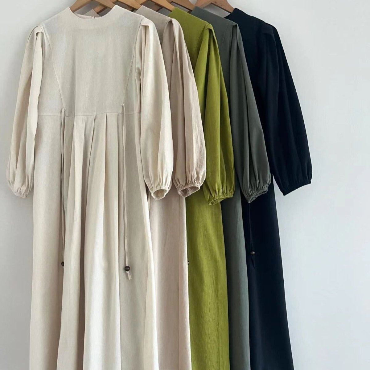 Tie - Waist Bubble Sleeve Abaya | Pleated Maxi Dress with Back Zip(MA364) - Mariam's Collection