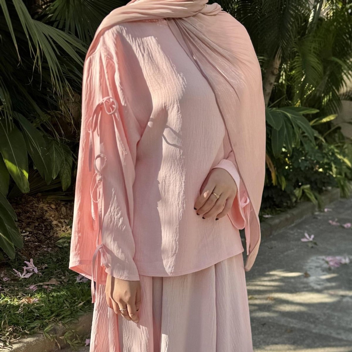 Two-piece modest set in pink with tunic top and flowing maxi skirt