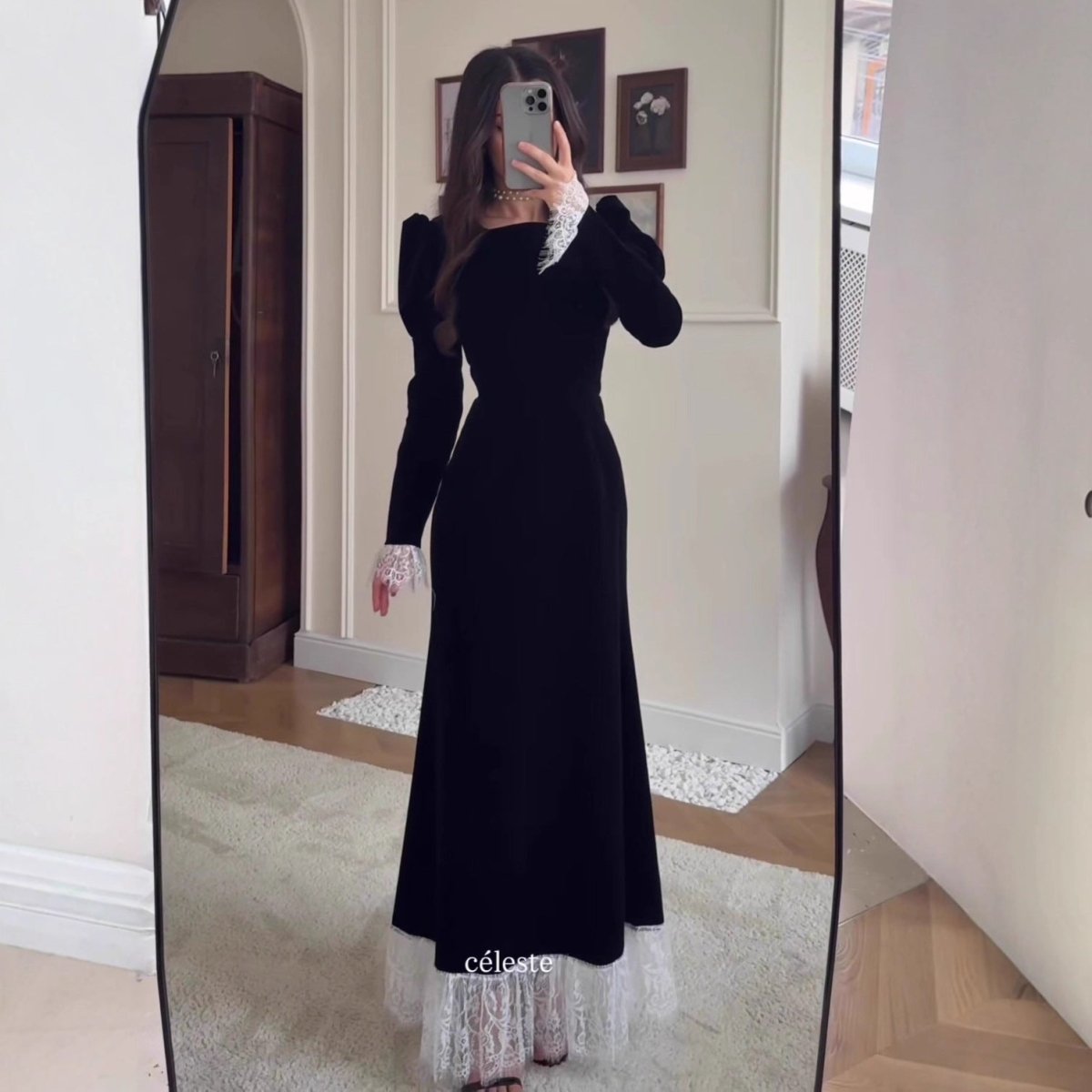 Velvet Gown with Lace Trim(MS238) - Mariam's Collection