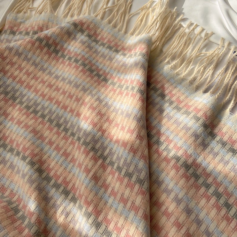 Vibrant Plaid Scarf Faux Wool Warm Shawl with Fringe (MAC334) - Mariam's Collection