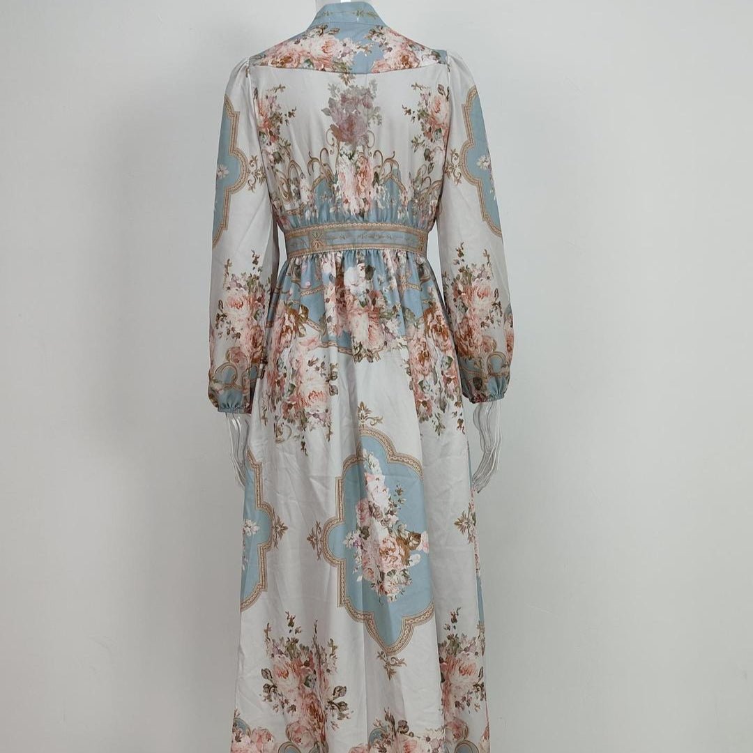 Vintage Floral Maxi Dress | V - Neck Long Sleeve Victorian Style Dress(MA378) - Mariam's Collection