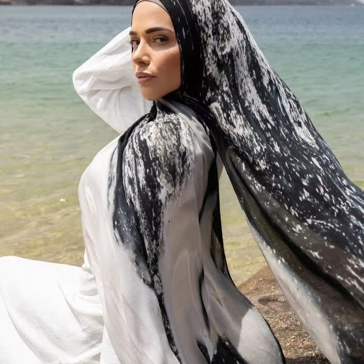 Watercolor Artistic Modal Hijab with Painted Floral Motifs (MH144) - Mariam's Collection