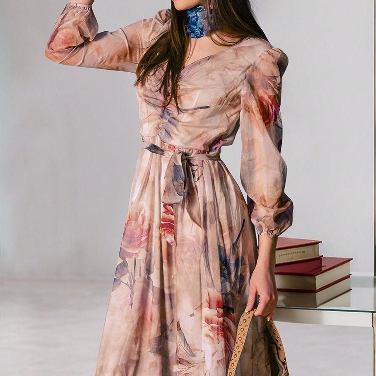 Prairie inspired modest floral gown with romantic watercolor print