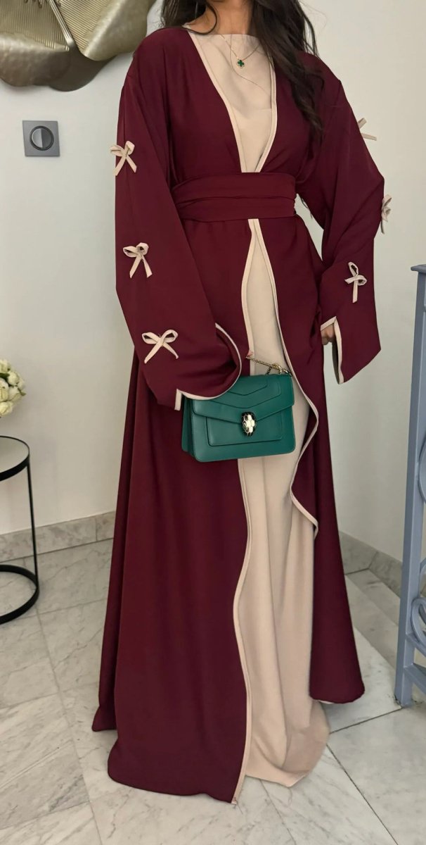 Wavy Edge Bow Embellished Open Abaya (MOA133) - Mariam's Collection