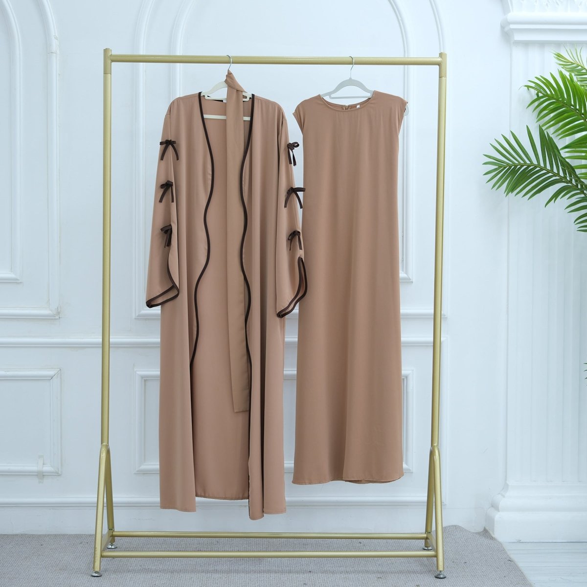 Wavy Edge Bow Embellished Open Abaya (MOA133) - Mariam's Collection