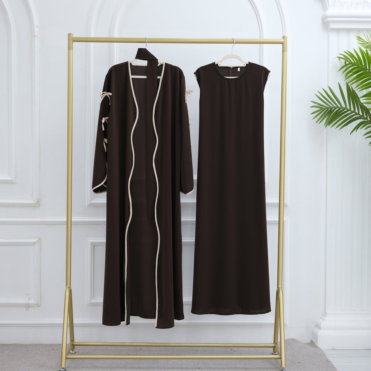 Wavy Edge Bow Embellished Open Abaya (MOA133) - Mariam's Collection