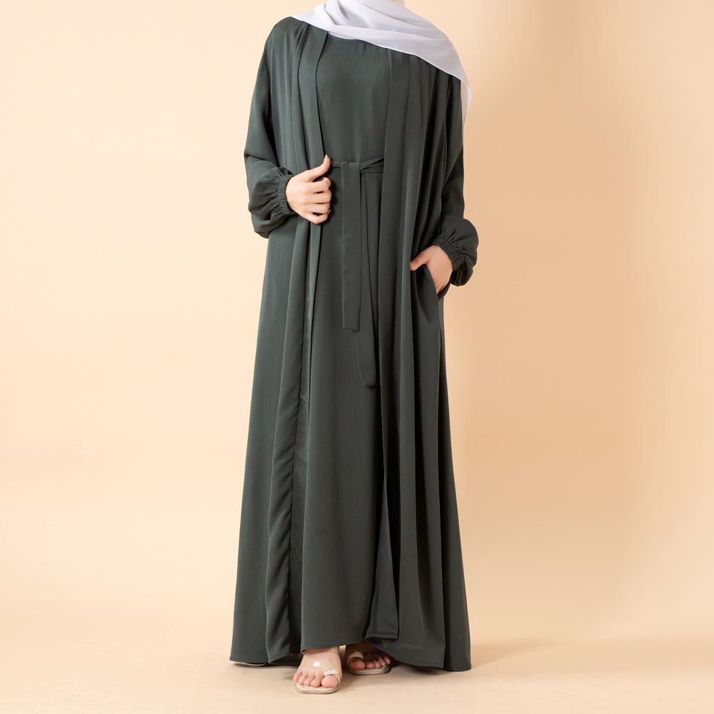 NIDA ZOOM Textured Abaya Set | 3-Piece Modest Dress with Pockets & Belt(MOA239)