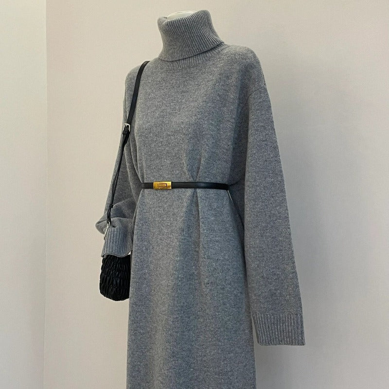 Autumn Winter Turtleneck Knit Maxi Dress | Elegant Lazy Style Grey Long Sleeve Sweater Dress(MS131)