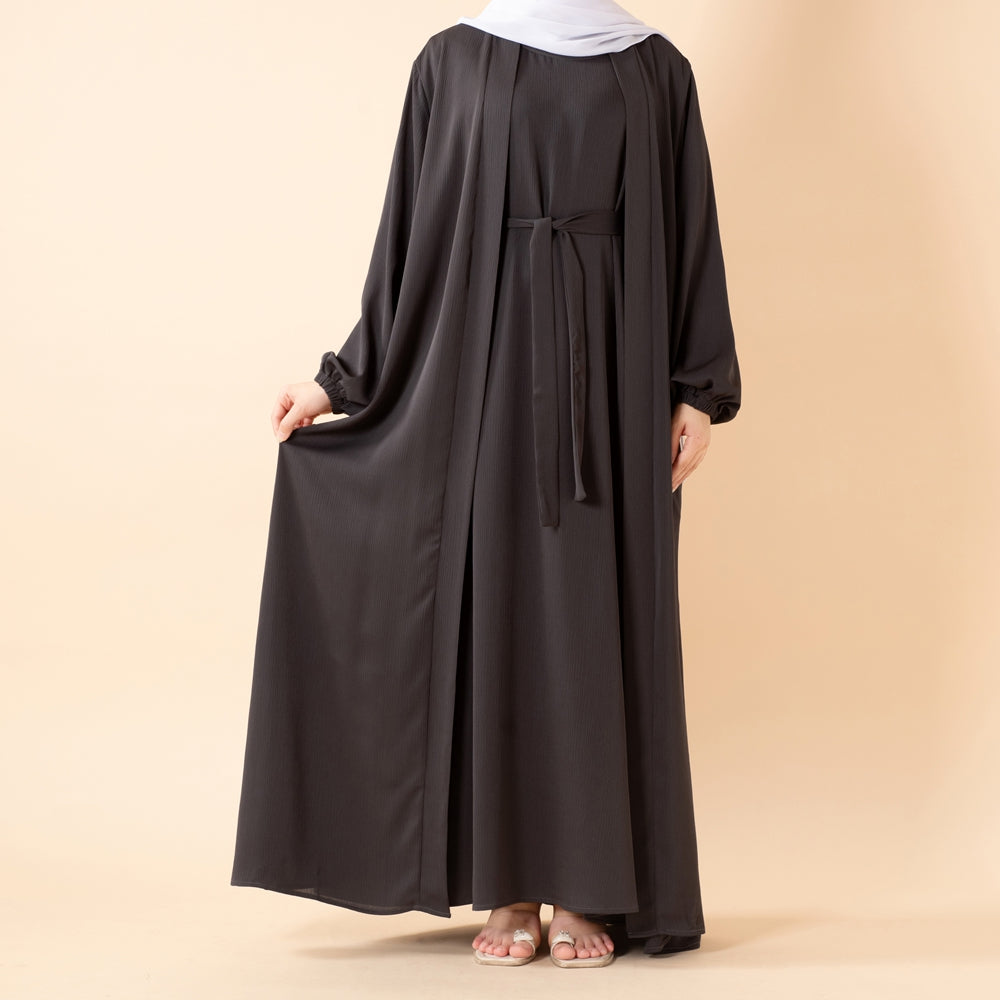 NIDA ZOOM Textured Abaya Set | 3-Piece Modest Dress with Pockets & Belt(MOA239)