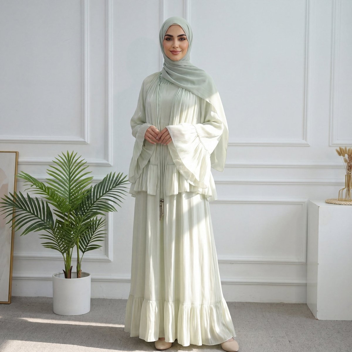 Crystal Beaded Ruffle Abaya Set – 2-Piece Party Abaya