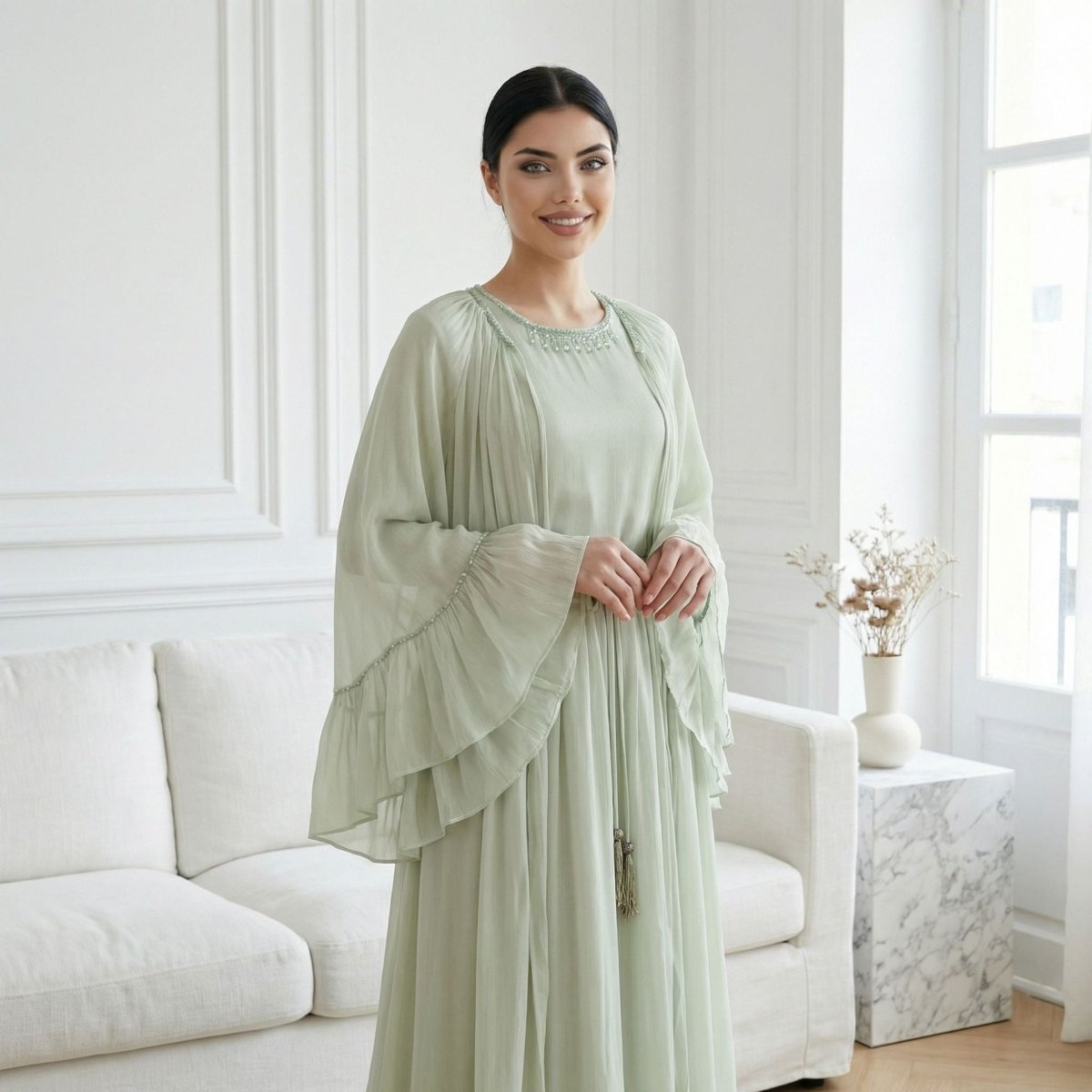 Crystal Beaded Ruffle Abaya Set – 2-Piece Party Abaya