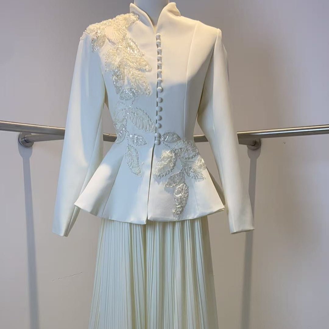 2 - Piece Embroidered Peplum Jacket & Micro Pleat Maxi Skirt Set(MS417) - Mariam's Collection