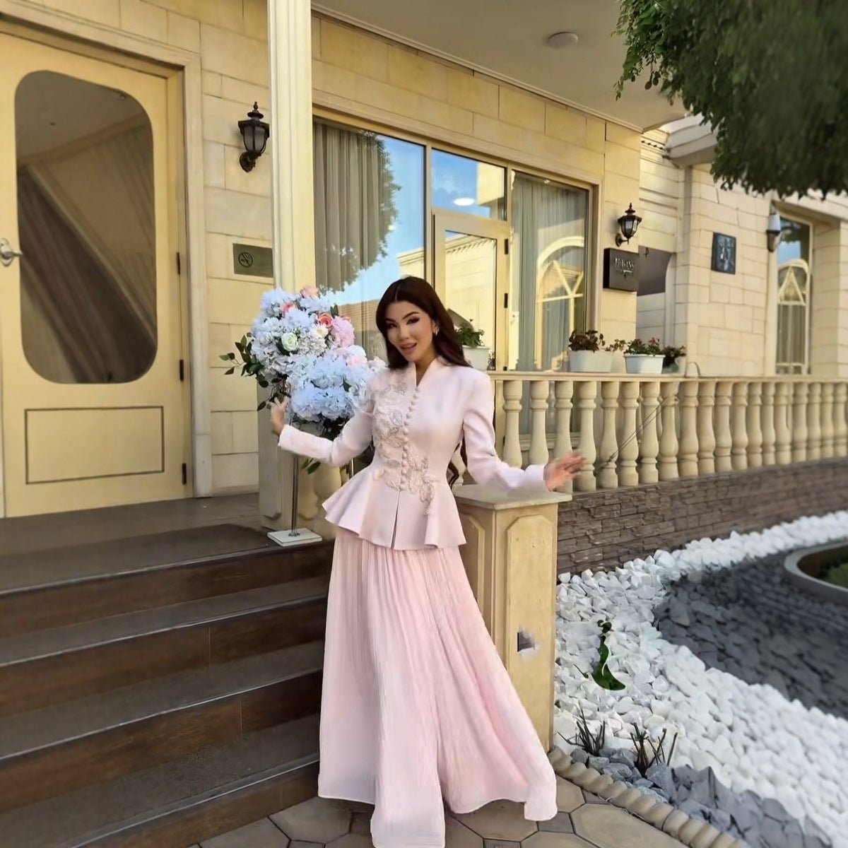 2 - Piece Embroidered Peplum Jacket & Micro Pleat Maxi Skirt Set(MS417) - Mariam's Collection