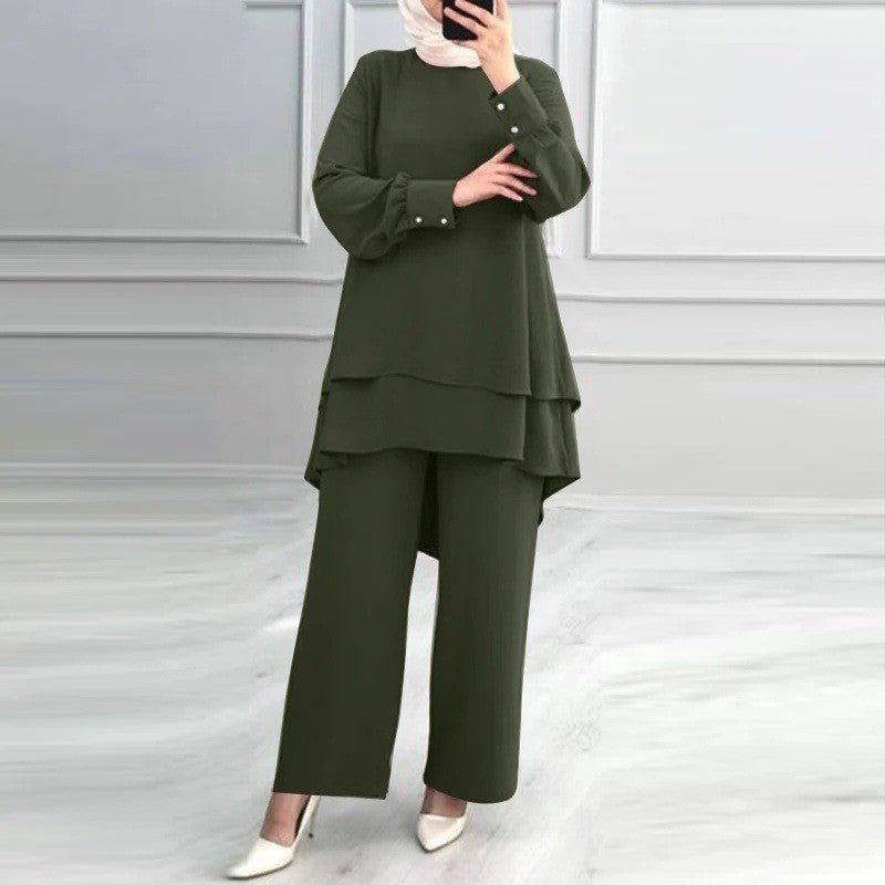 2-Piece Ice Silk Crinkle Hi-Lo Top & Wide Leg Pants Set(MS421) - Mariam's Collection