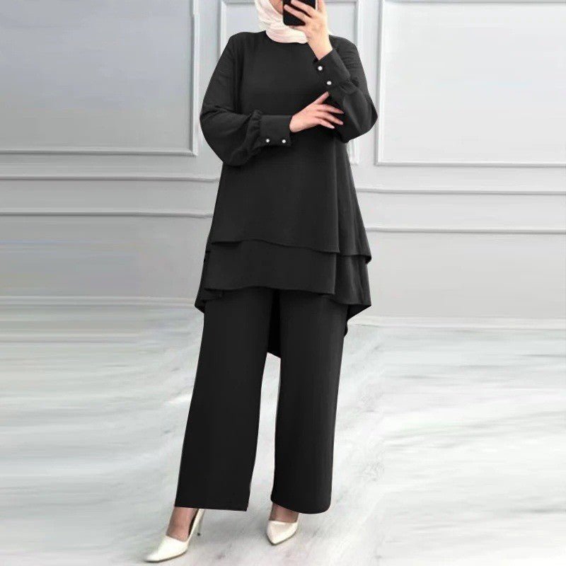 2-Piece Ice Silk Crinkle Hi-Lo Top & Wide Leg Pants Set(MS421) - Mariam's Collection
