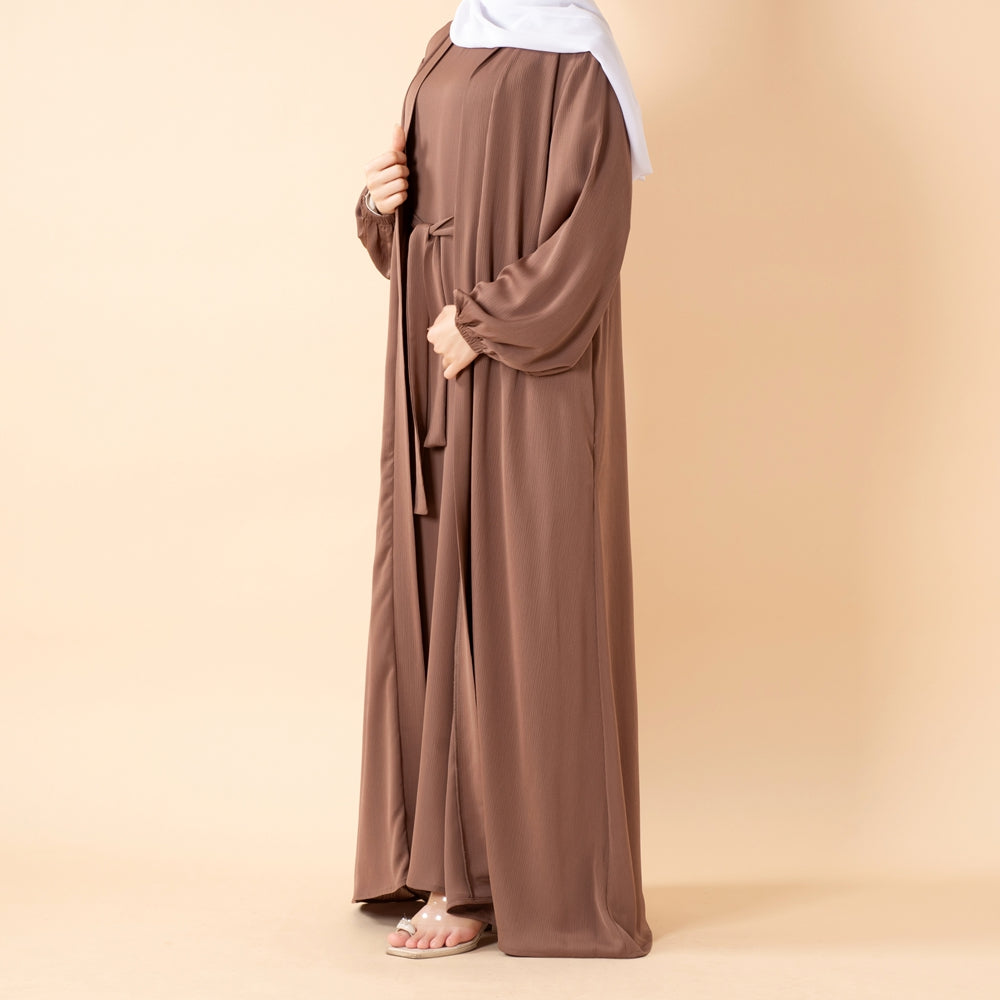 NIDA ZOOM Textured Abaya Set | 3-Piece Modest Dress with Pockets & Belt(MOA239)