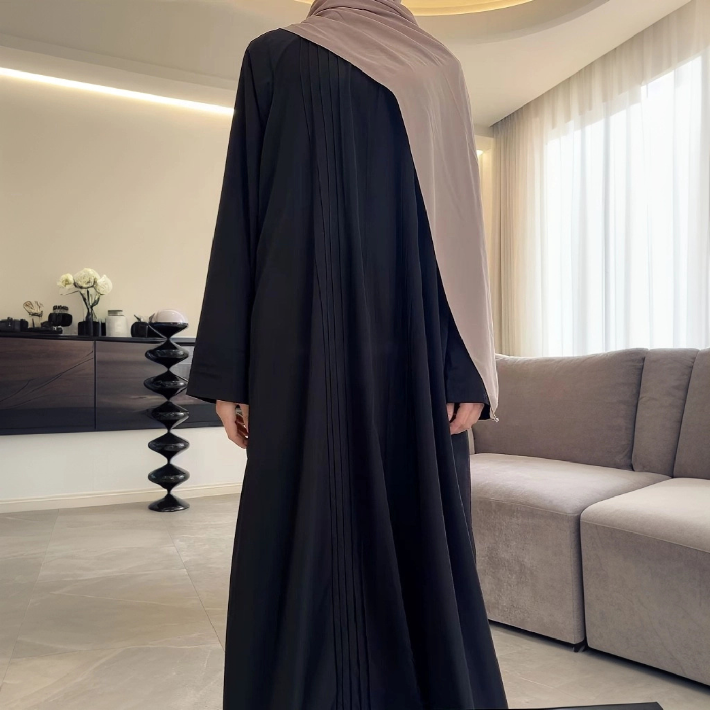 Elegant Pleated Georgette Maxi Dress Abaya | Long Sleeve Modest Dress with Hidden Pockets (MA254)