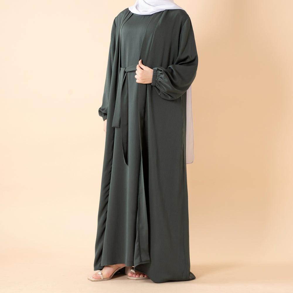 NIDA ZOOM Textured Abaya Set | 3-Piece Modest Dress with Pockets & Belt(MOA239)