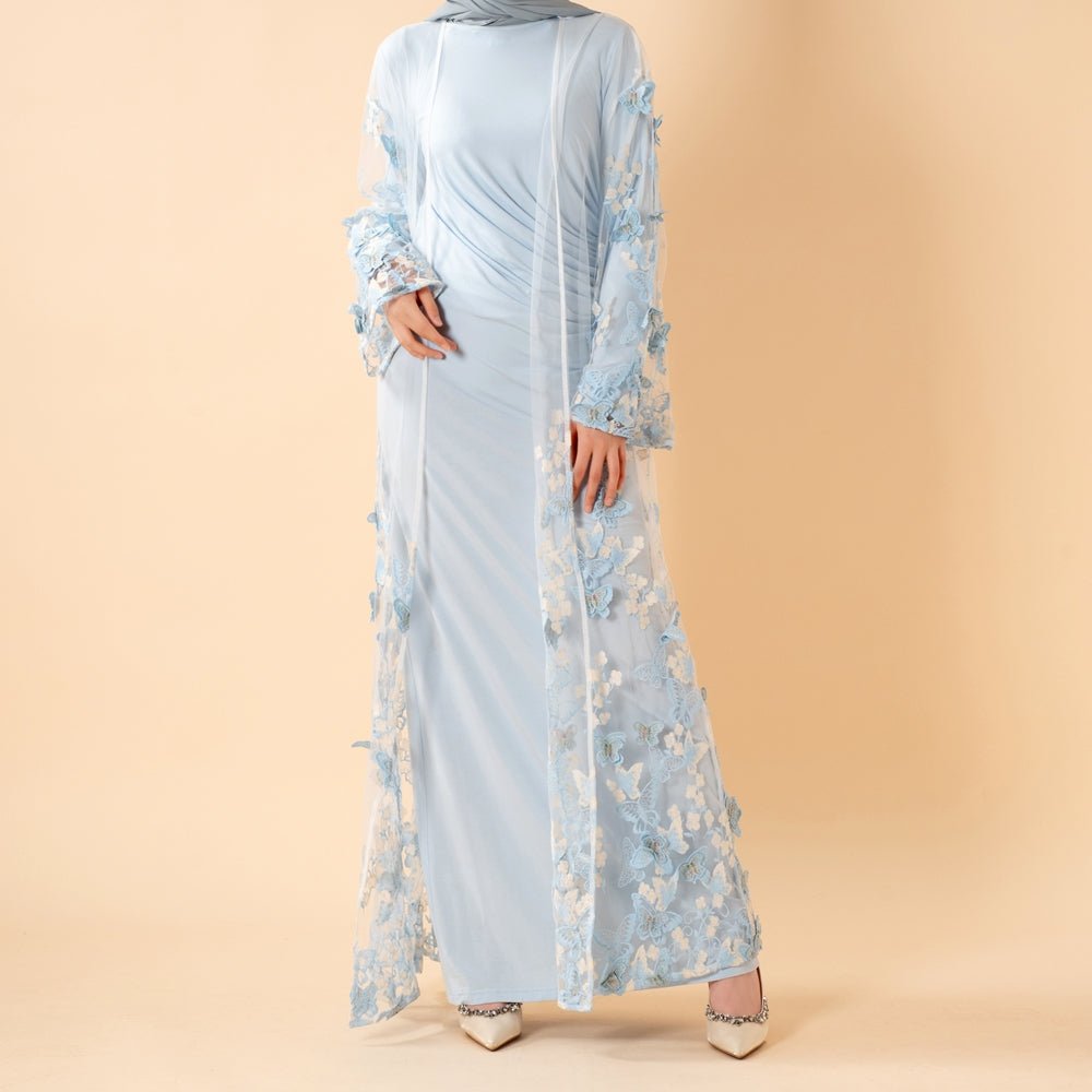 Butterfly Whisper Embroidered Open Abaya – 3D Mesh Abaya