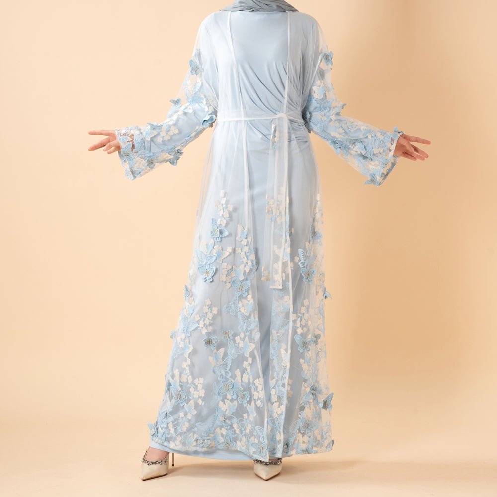 Back view of the Butterfly Whisper open abaya showing flowing mesh silhouette