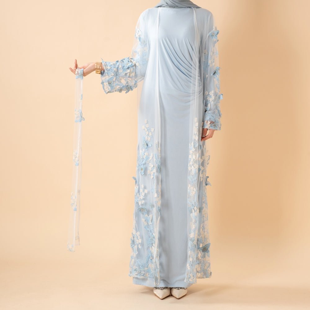Draped sleeve detail of the sheer mesh luxury embroidered open abaya