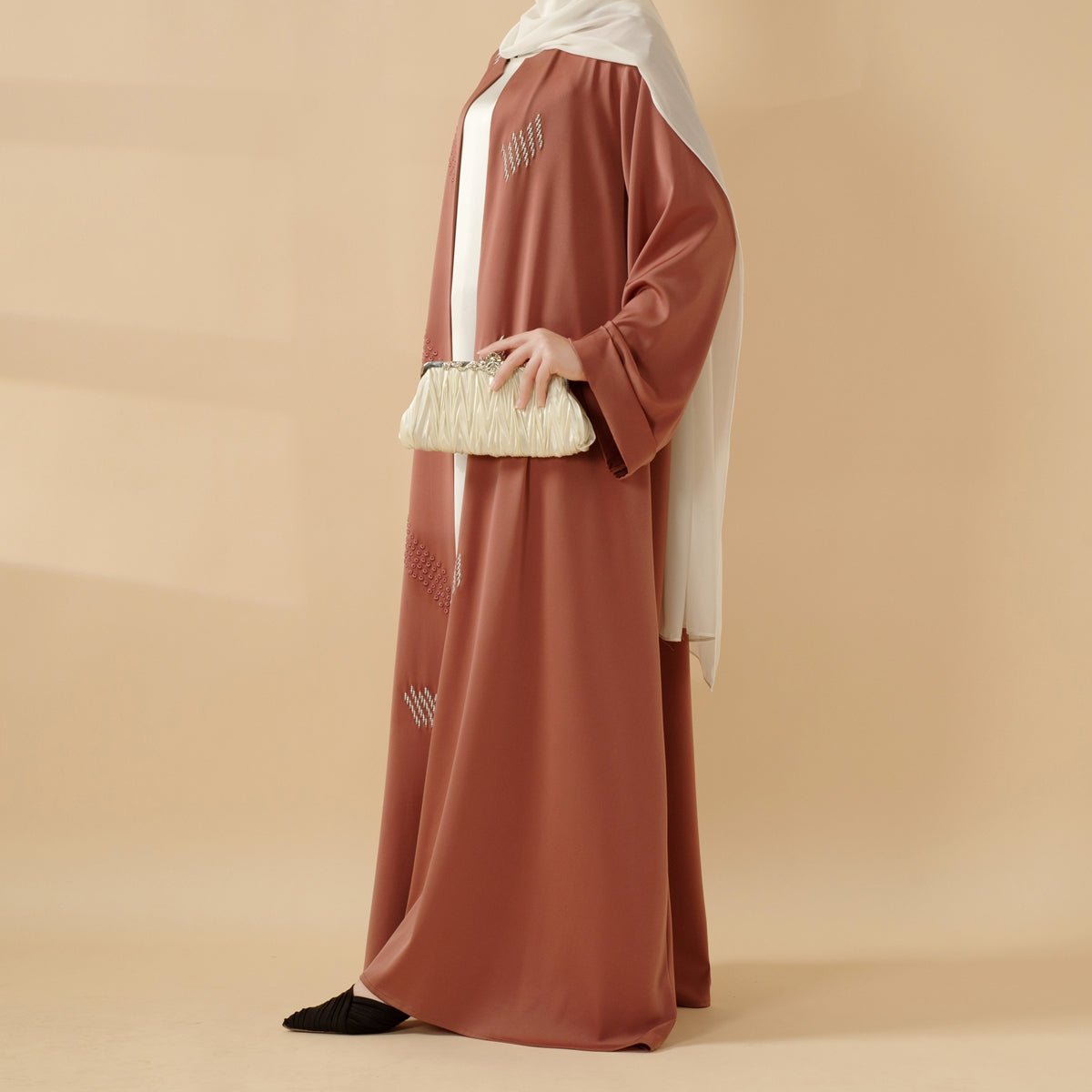 3D Embroidery Abaya With Geometric Beads. 3D Embroidered Open Abaya (MOA085) - Mariam's Collection