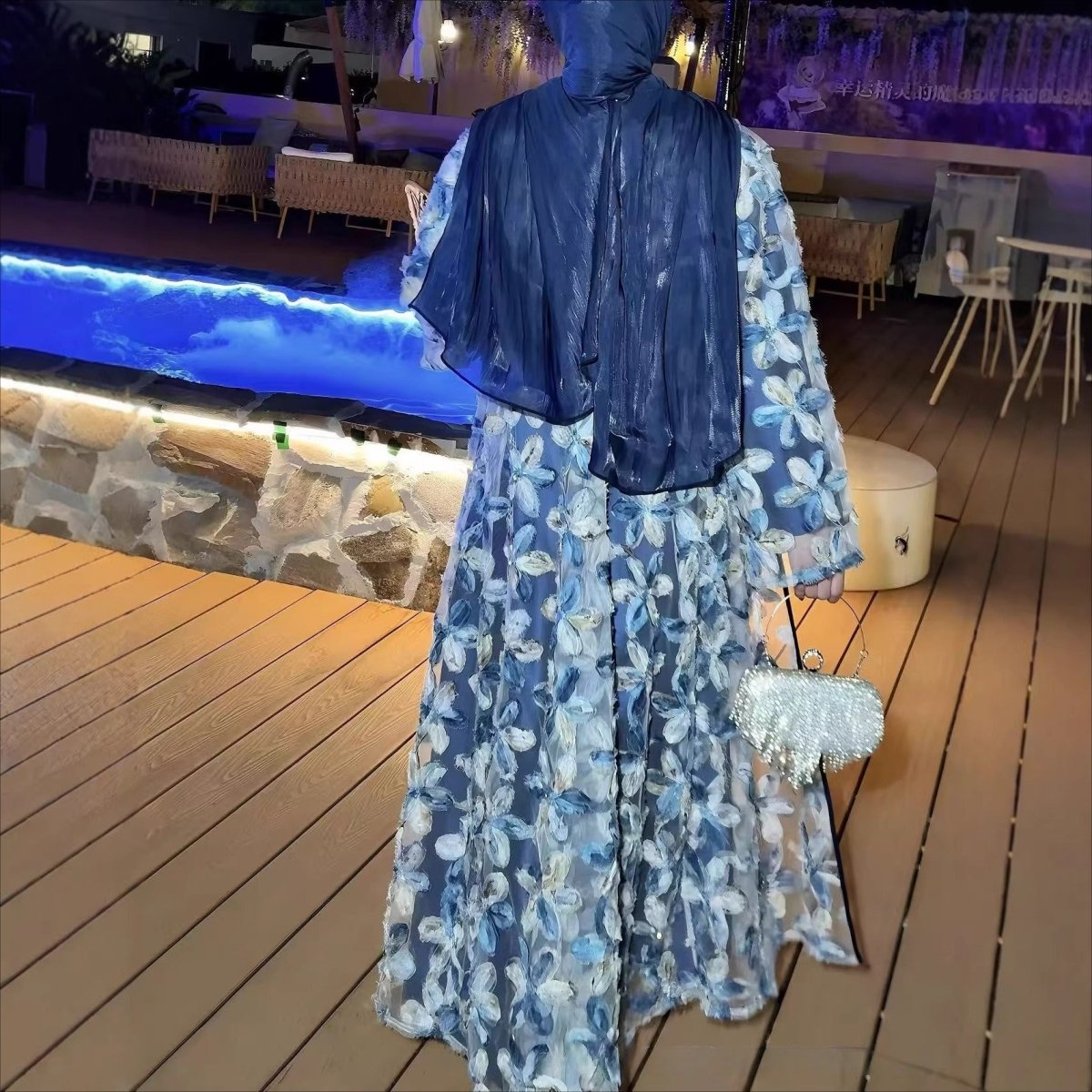 3D Floral Embroidered Mesh Open Abaya Set – Party Abaya