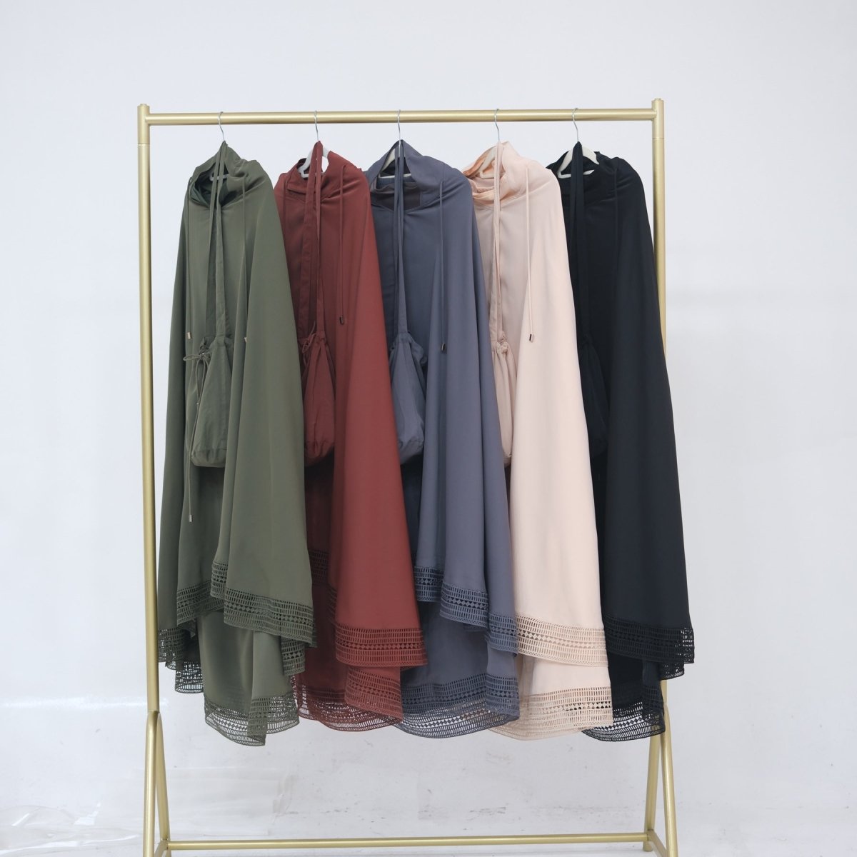 Matching half-circle hijab with lace edging included in prayer set