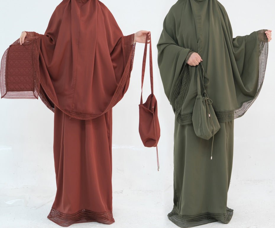 4-Piece Nida Prayer Set with Lace Trim – Umrah Prayer Abaya