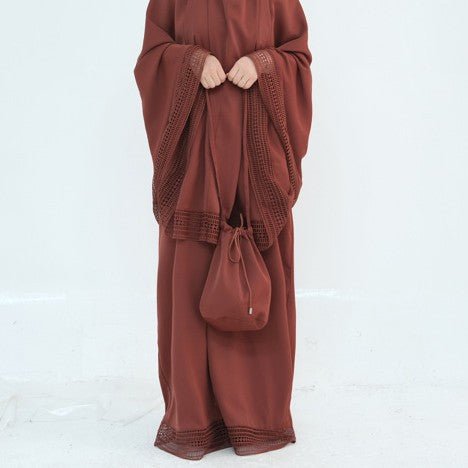 Full view of nida prayer abaya set with geometric lace trim in charcoal gray